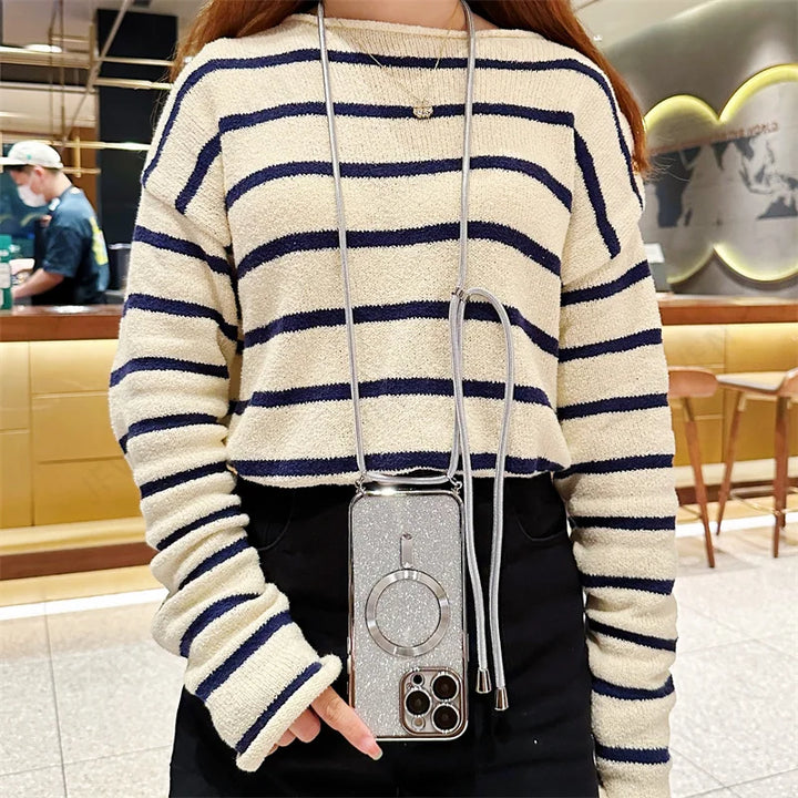 Luxuriöse MagSafe Glitter Crossbody Strap Hülle für iPhone 13 Galvanisierte kabellose Lade-TPU-Rückseite mit Lanyard