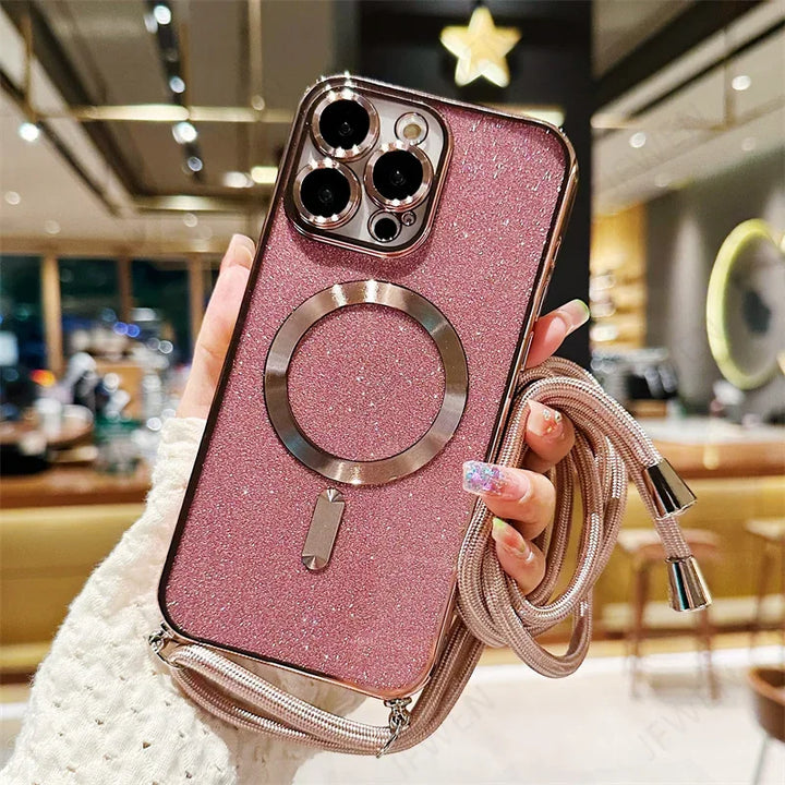 Luxuriöse MagSafe Glitter Crossbody Strap Hülle für iPhone 13 Galvanisierte kabellose Lade-TPU-Rückseite mit Lanyard