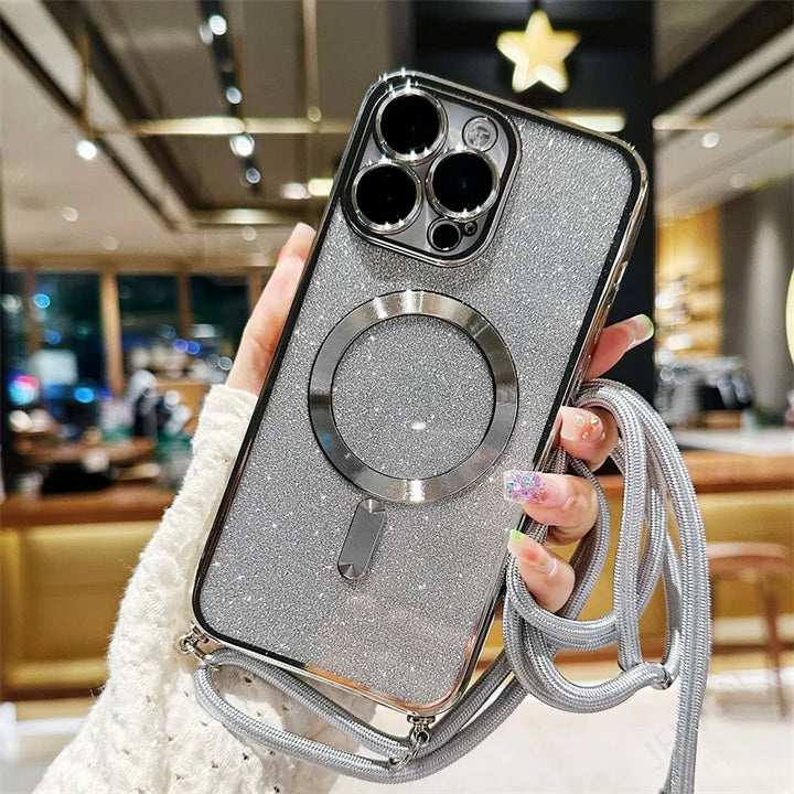 Luxuriöse MagSafe Glitter Crossbody Strap Hülle für iPhone 13 Galvanisierte kabellose Lade-TPU-Rückseite mit Lanyard