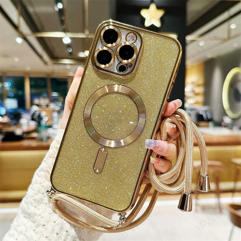 Luxuriöse MagSafe Glitter Crossbody Strap Hülle für iPhone 13 Galvanisierte kabellose Lade-TPU-Rückseite mit Lanyard