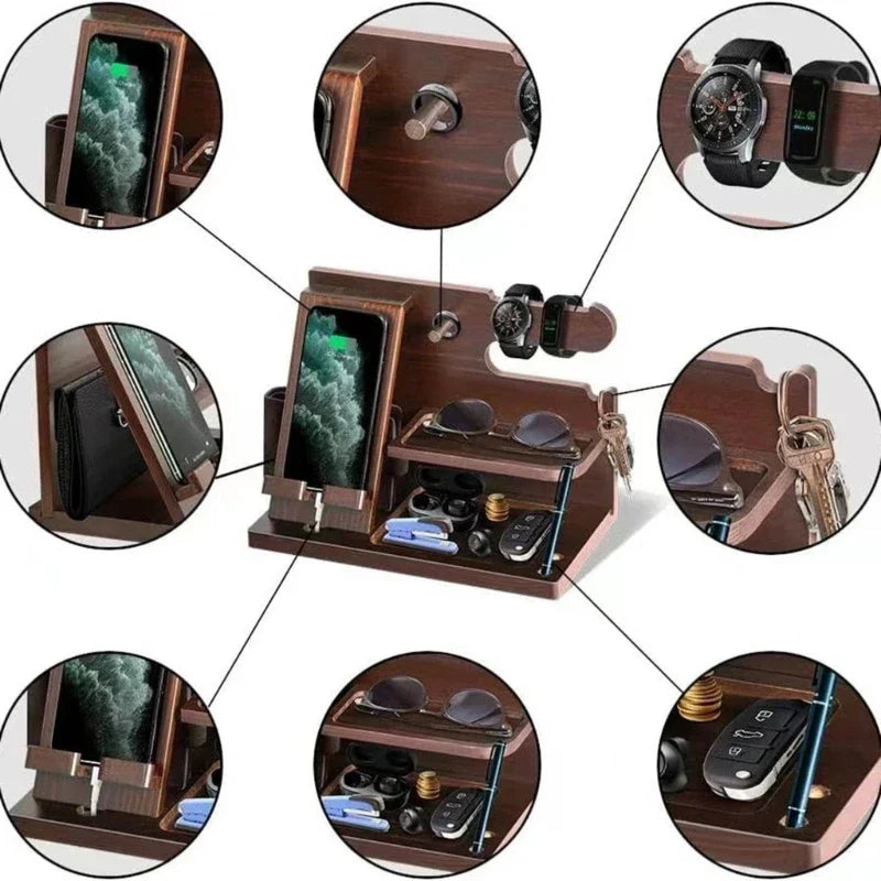 Skanto | Nachttisch-Handy-Dockingstation aus Holz – Multifunktionale Ablage für Geldbörse, Uhr & Aufbewahrung, ideal für Valentinstag
