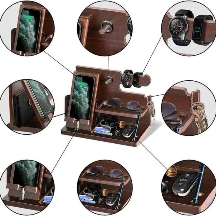 Skanto | Nachttisch-Handy-Dockingstation aus Holz – Multifunktionale Ablage für Geldbörse, Uhr & Aufbewahrung, ideal für Valentinstag