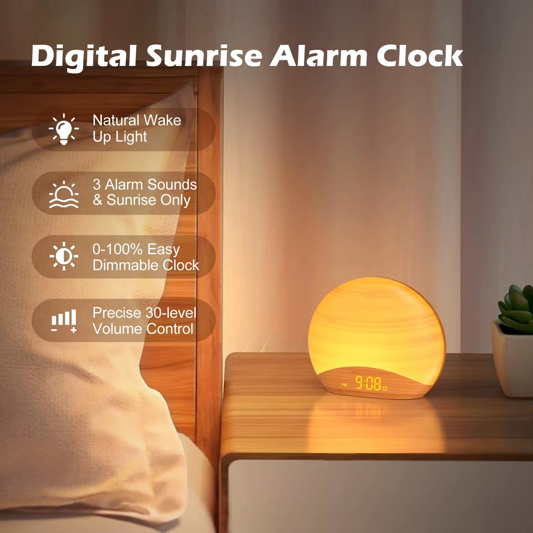 Skanto | Sonnenaufgangs-Wecklicht-Alarmwecker mit 8 Farben, 26 Schlafgeräuschen und Holzmaserung-Design