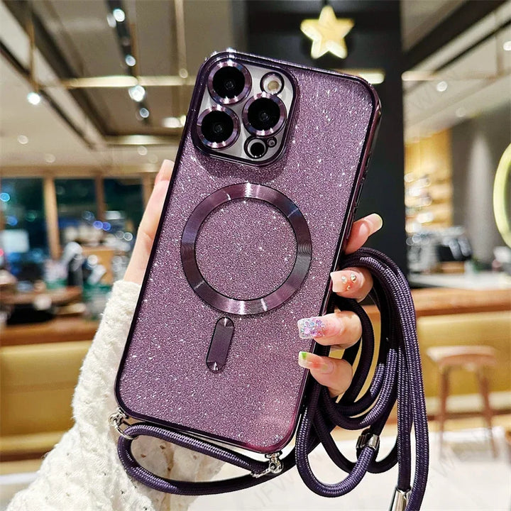 Luxuriöse MagSafe Glitter Crossbody Strap Hülle für iPhone 13 Galvanisierte kabellose Lade-TPU-Rückseite mit Lanyard