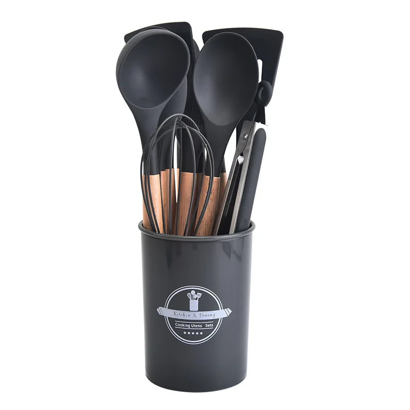 Skanto | Culinora Silikon Küchenutensilien-Set | Hitzebeständig bis 230°C | 12-teilig mit Holzgriffen | Schneebesen, Spatel, Zange & Mehr