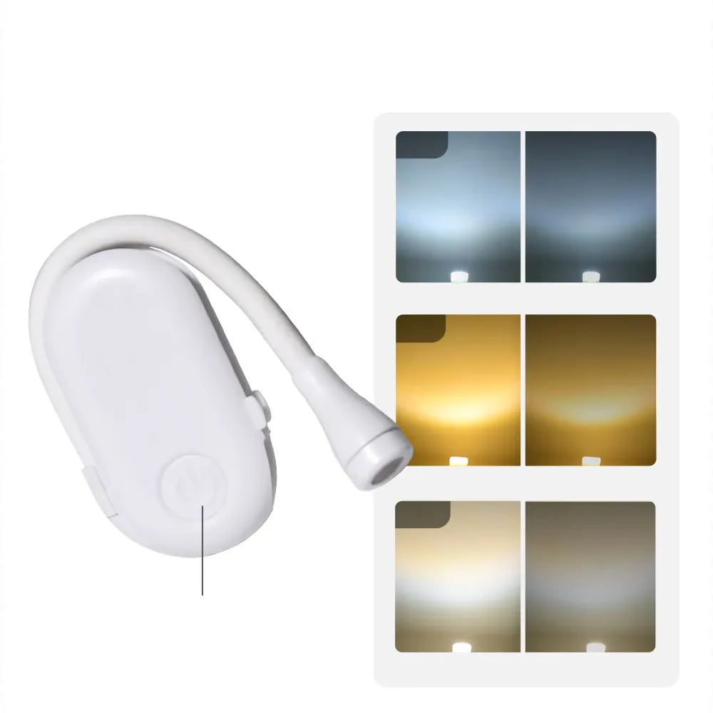 Skanto | Mini Buchlampe – Tragbare Klemmleuchte mit USB-Ladefunktion, dimmbarer LED für Schlafzimmer, Augenschutz und Camping – 360° drehbare Klemm-Buchlampe