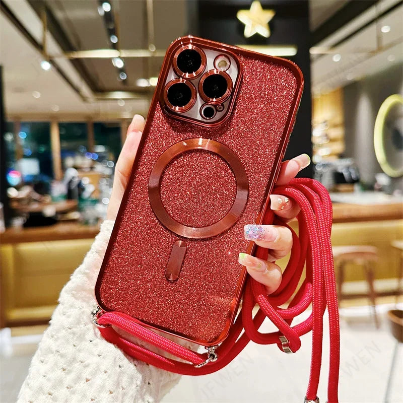 Luxuriöse MagSafe Glitter Crossbody Strap Hülle für iPhone 13 Galvanisierte kabellose Lade-TPU-Rückseite mit Lanyard