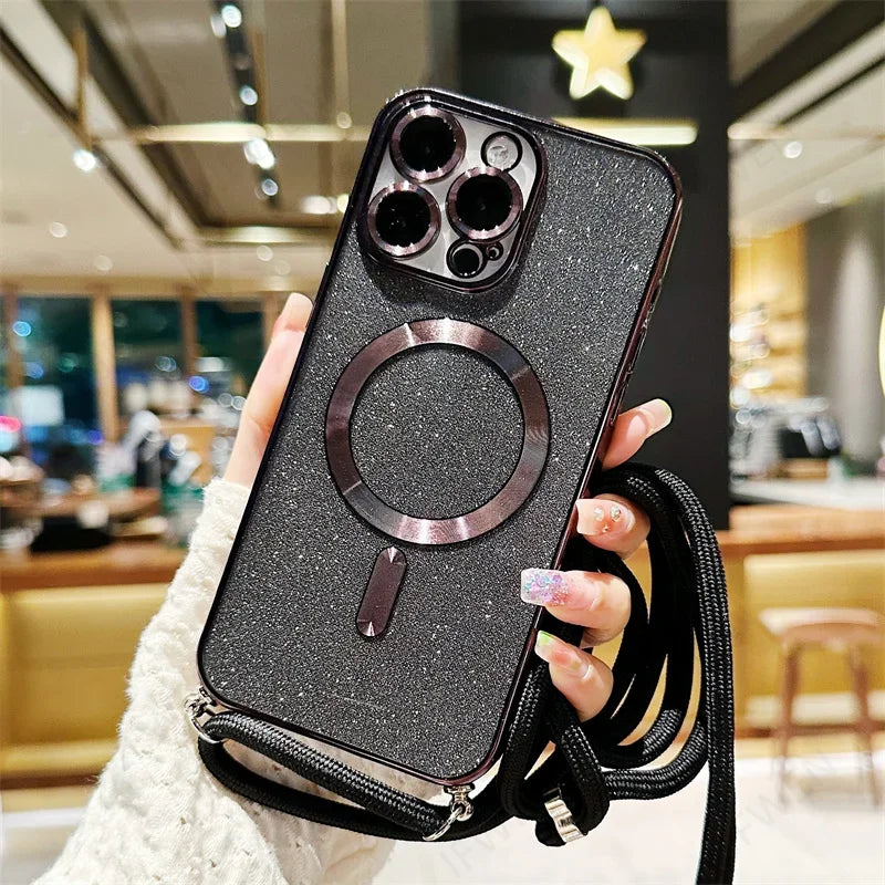 Luxuriöse MagSafe Glitter Crossbody Strap Hülle für iPhone 13 Galvanisierte kabellose Lade-TPU-Rückseite mit Lanyard