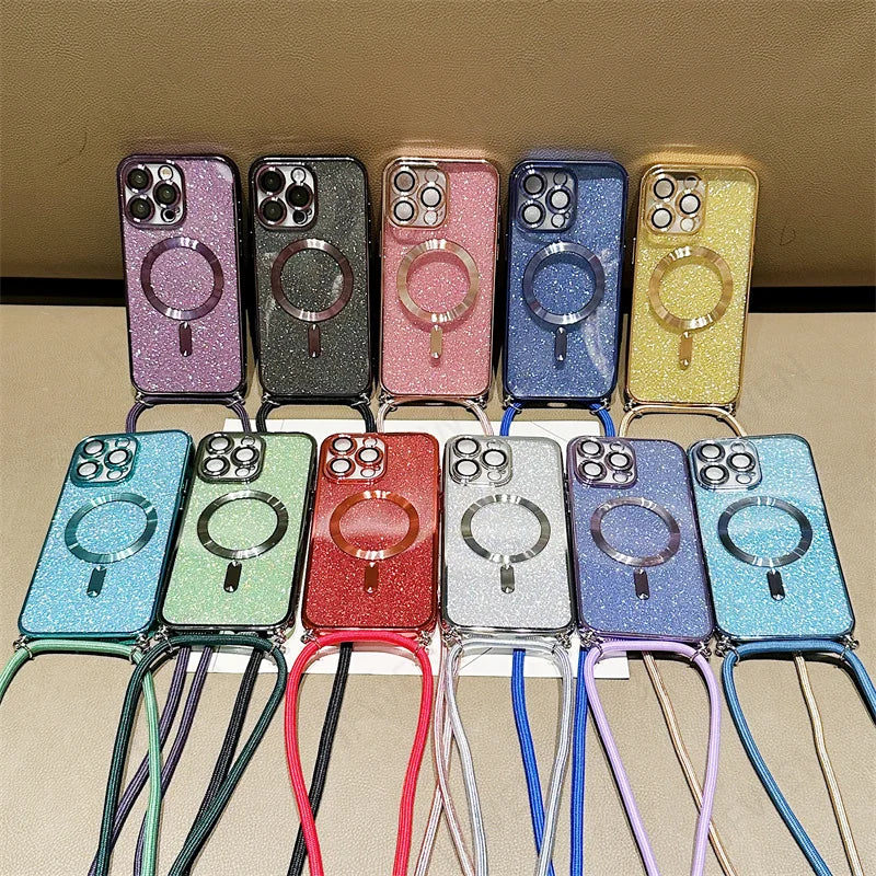 Luxuriöse MagSafe Glitter Crossbody Strap Hülle für iPhone 13 Galvanisierte kabellose Lade-TPU-Rückseite mit Lanyard