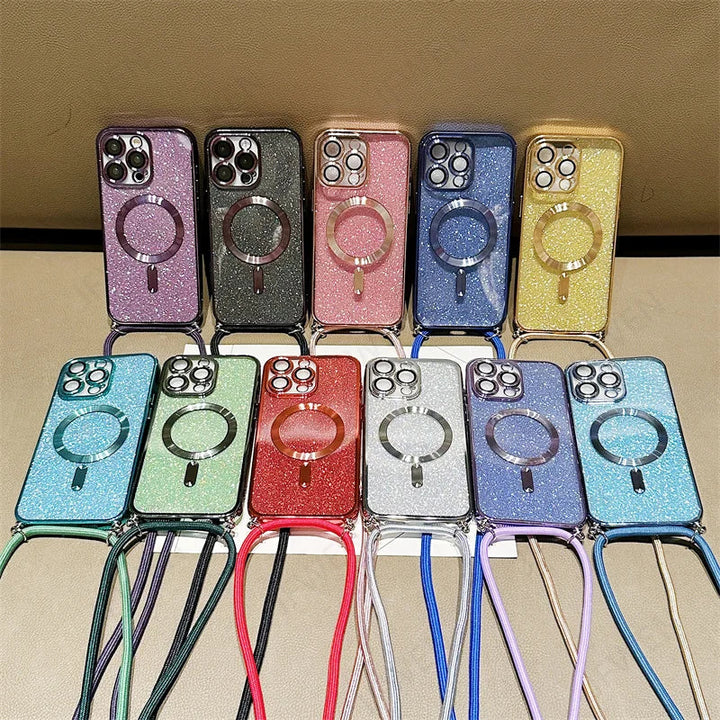 Luxuriöse MagSafe Glitter Crossbody Strap Hülle für iPhone 13 Galvanisierte kabellose Lade-TPU-Rückseite mit Lanyard