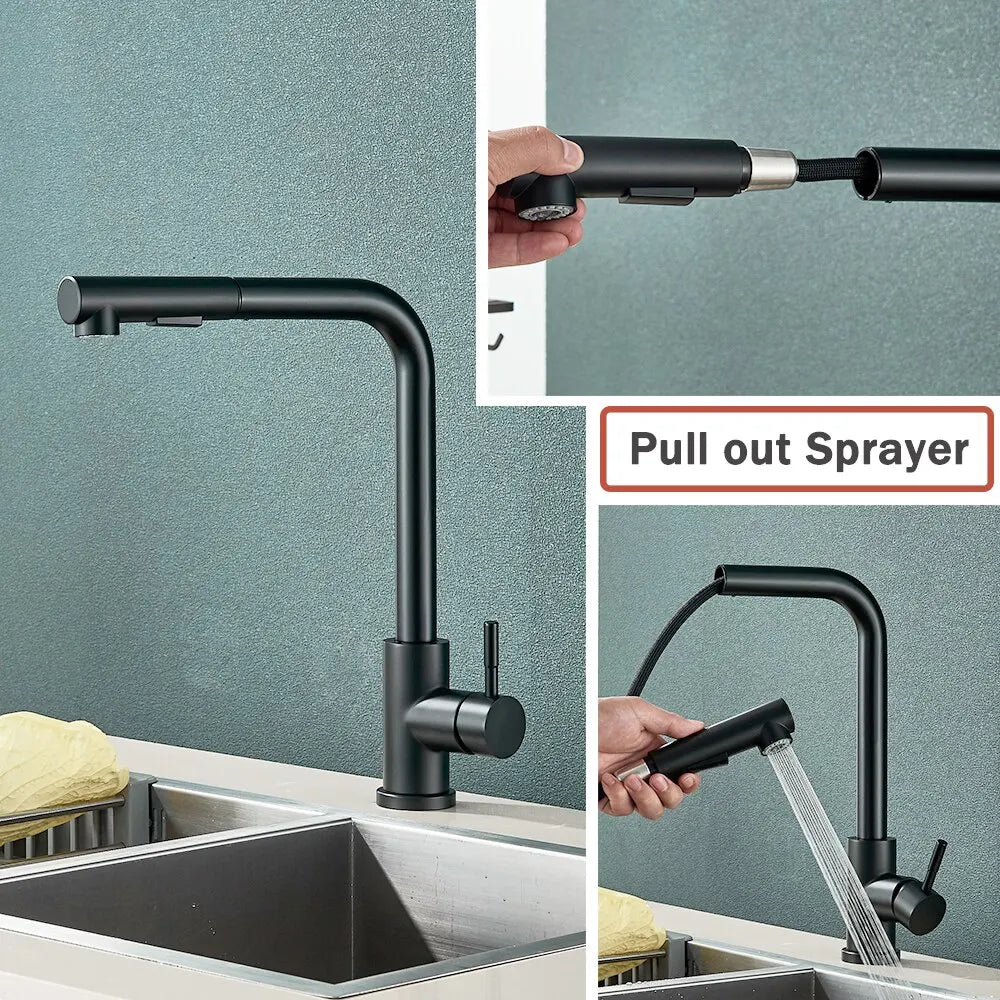 Skanto | Schwarzer ausziehbarer Küchenarmatur – Flexibler 2-Modus Strahl- & Sprühdüse, Edelstahl Warm-Kaltwasser-Mischbatterie