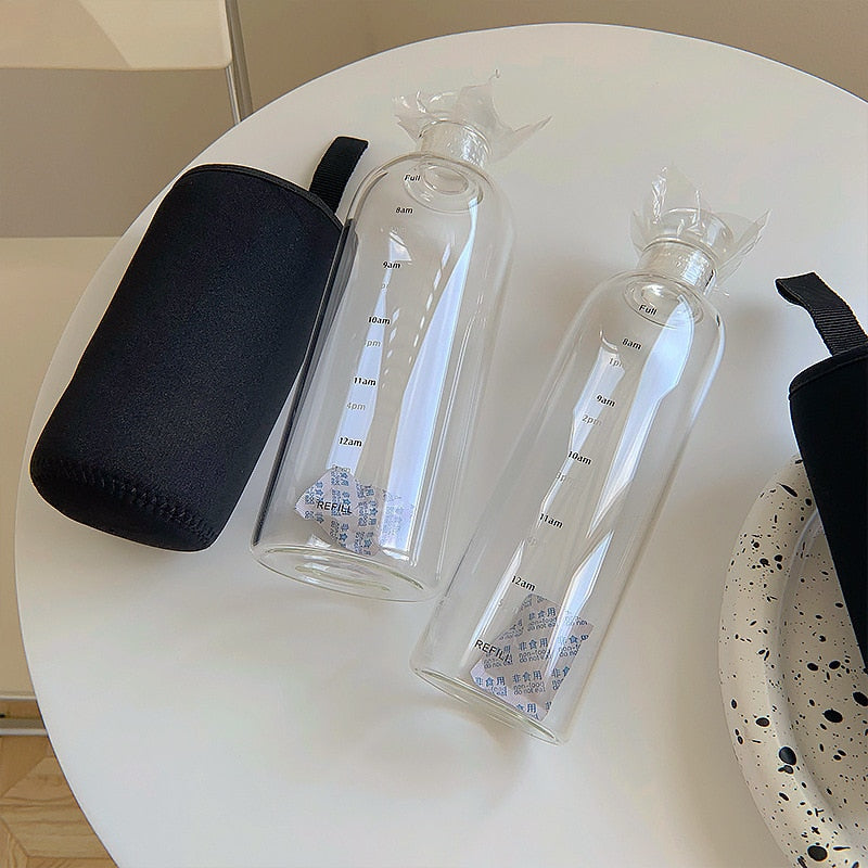 Skanto | Hitzebeständige Glas-Wasserflasche mit Zeitschalen