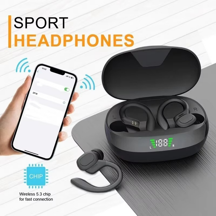 Skanto | SP16 True Wireless Earbuds mit Ohrhaken, wasserdichte Sportkopfhörer mit Mikrofon und HiFi-Stereo-Sound