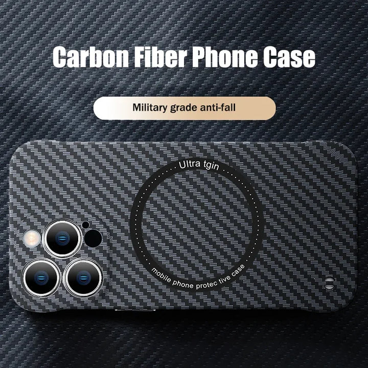 Skanto | Ultradünne Carbonfaser-Magnethülle für iPhone 16 15 ProMax 14 Plus 13 12 11 Pro Max Magsafe Wireless Charging Randlose Hülle