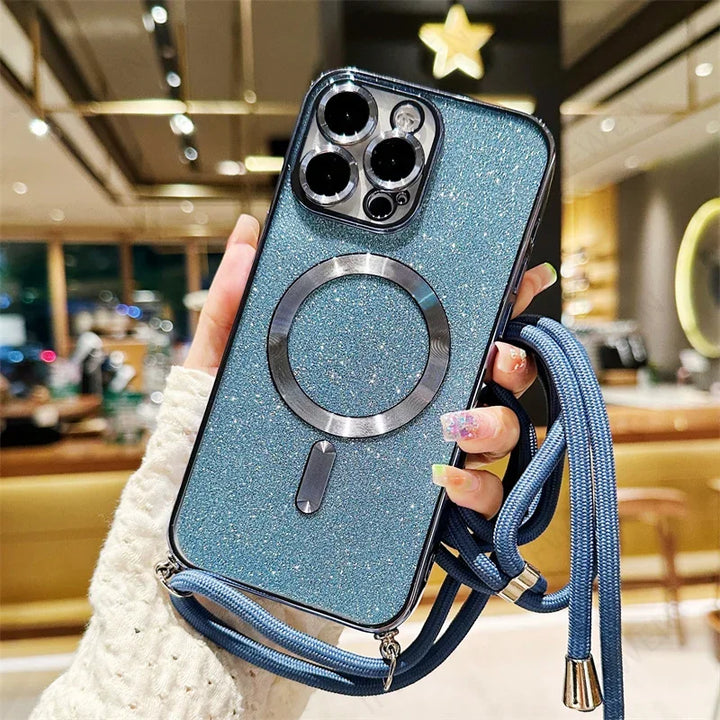 Luxuriöse MagSafe Glitter Crossbody Strap Hülle für iPhone 13 Galvanisierte kabellose Lade-TPU-Rückseite mit Lanyard