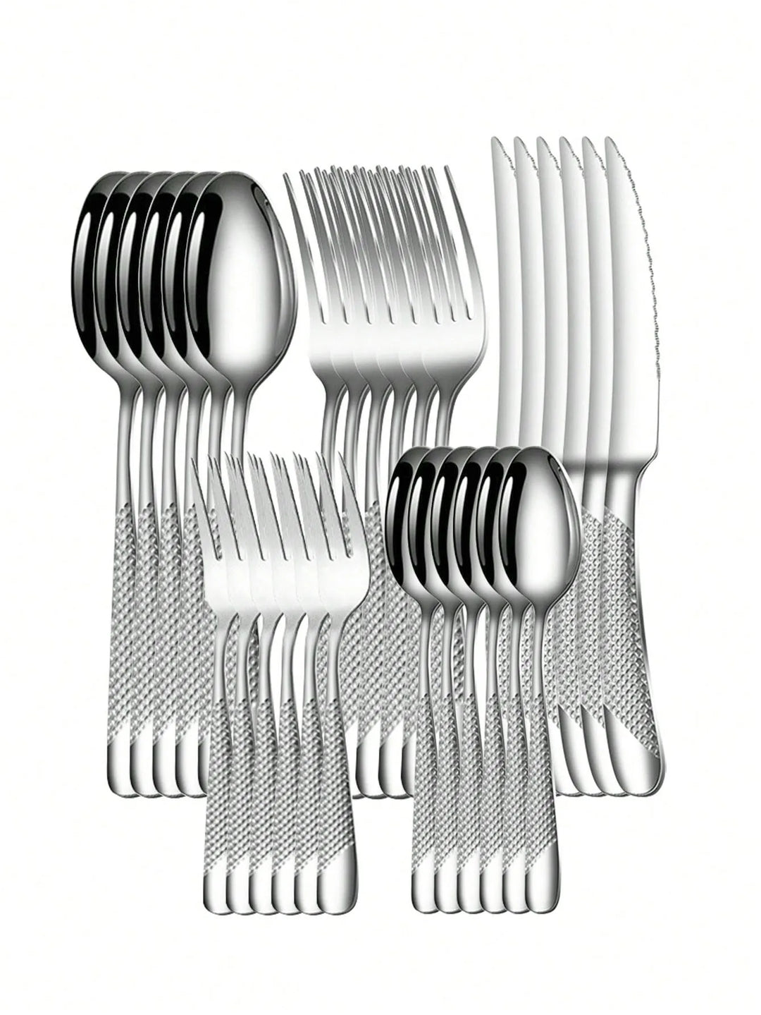 Skanto | Hochwertiges Besteckset aus Edelstahl Silber Stern Diamant - Inklusive Messer, Gabel, Löffel & Dessertgabel & -löffel - 6-teilige/30-teilige Optionen