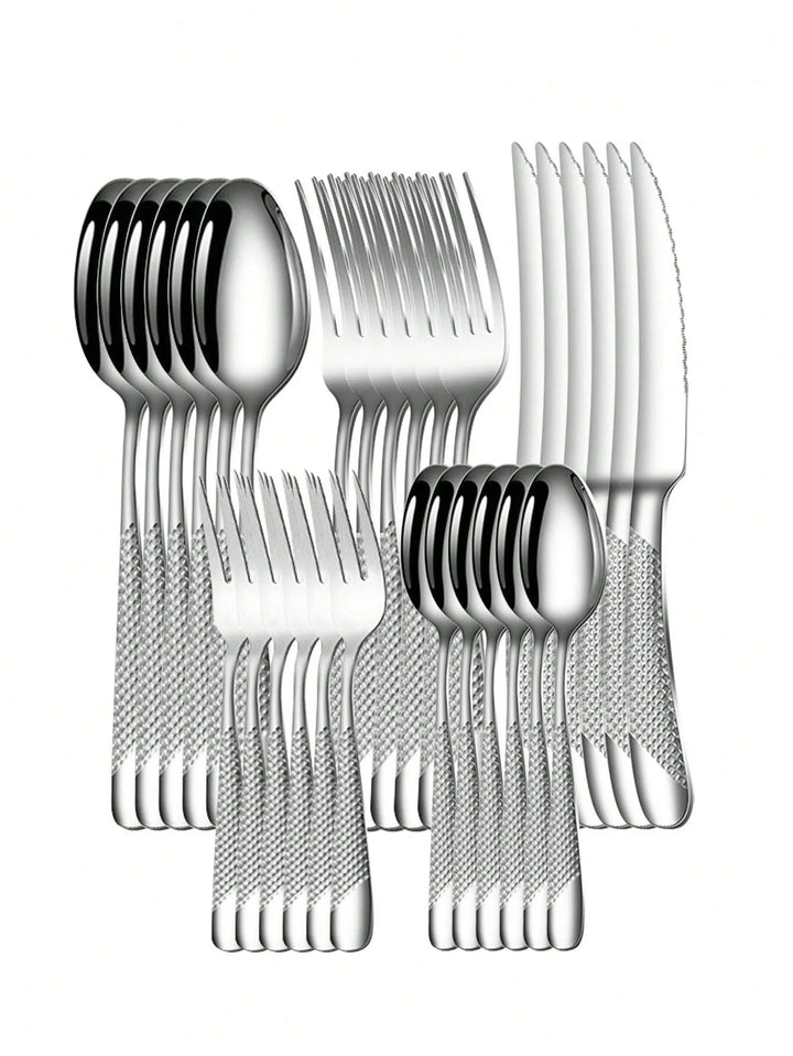 Skanto | Hochwertiges Besteckset aus Edelstahl Silber Stern Diamant - Inklusive Messer, Gabel, Löffel & Dessertgabel & -löffel - 6-teilige/30-teilige Optionen