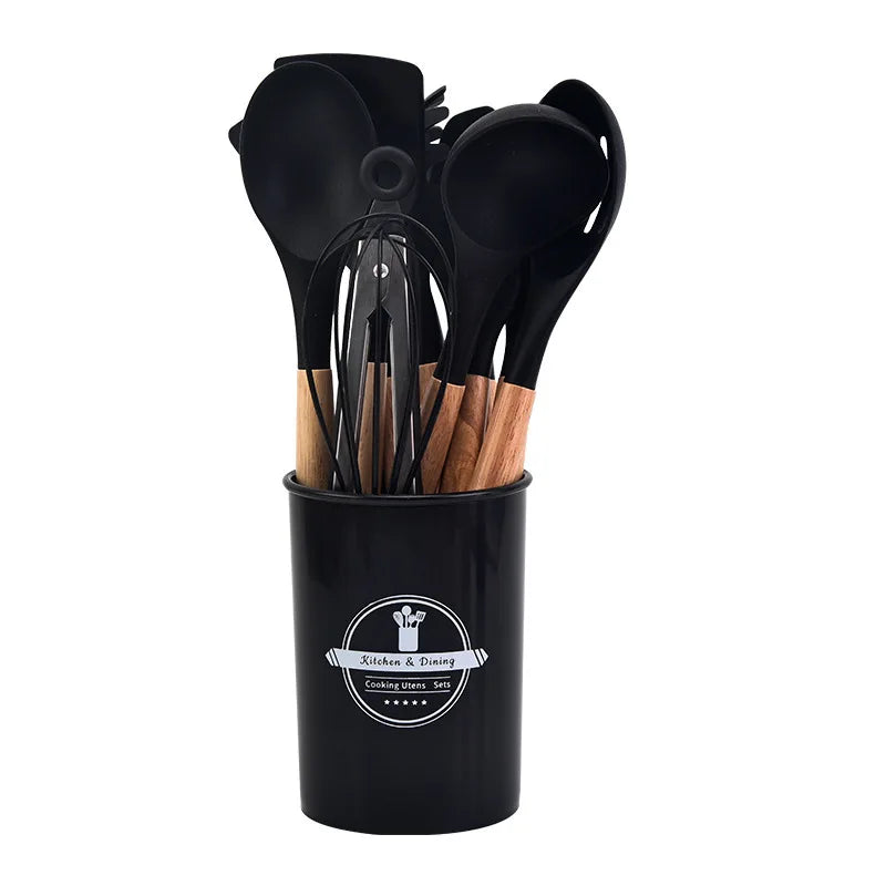 Skanto | Culinora Silikon Küchenutensilien-Set | Hitzebeständig bis 230°C | 12-teilig mit Holzgriffen | Schneebesen, Spatel, Zange & Mehr