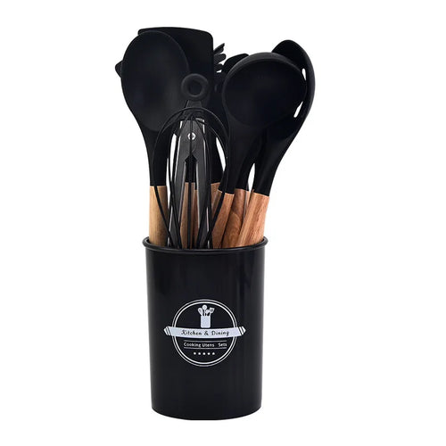 Skanto | Culinora Silikon Küchenutensilien-Set | Hitzebeständig bis 230°C | 12-teilig mit Holzgriffen | Schneebesen, Spatel, Zange & Mehr