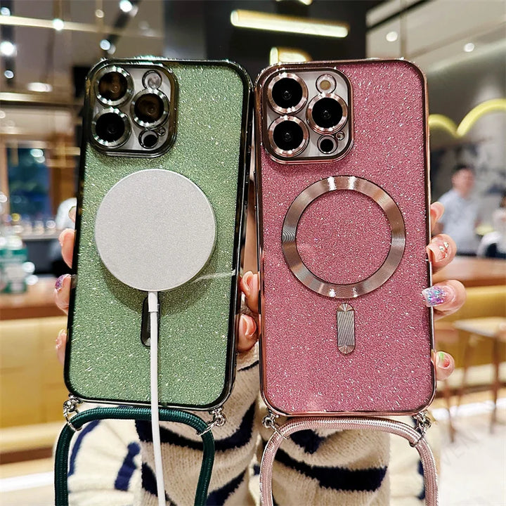Luxuriöse MagSafe Glitter Crossbody Strap Hülle für iPhone 13 Galvanisierte kabellose Lade-TPU-Rückseite mit Lanyard