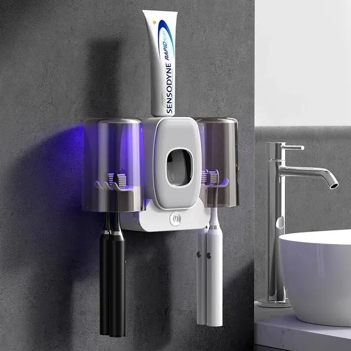 Skanto | Skanto PureBrush UV-Zahnbürstenhalter | UV-Licht-Sterilisation | Automatischer Zahnpastaspender | Bohrerfreie Wandmontage