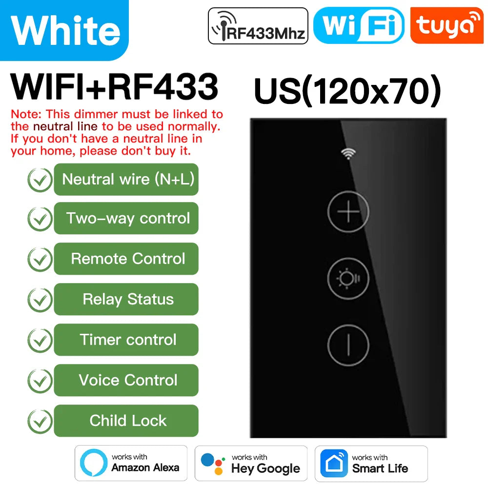 Tuya Smart Licht Wandschalter mit Neutralleiter - WiFi Dimmer Steuerung über SmartLife Google Alexa Apps
