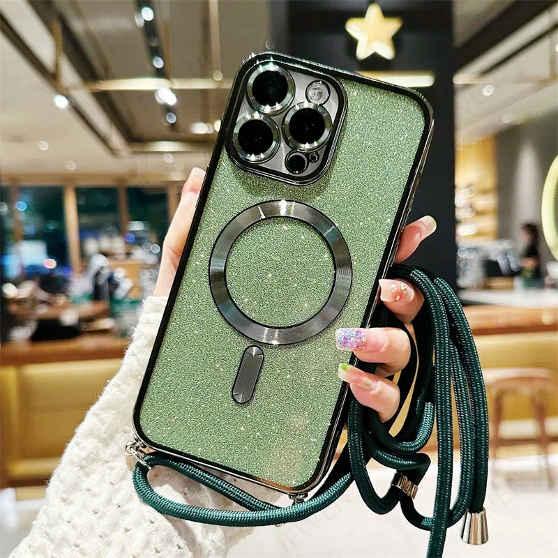 Luxuriöse MagSafe Glitter Crossbody Strap Hülle für iPhone 13 Galvanisierte kabellose Lade-TPU-Rückseite mit Lanyard