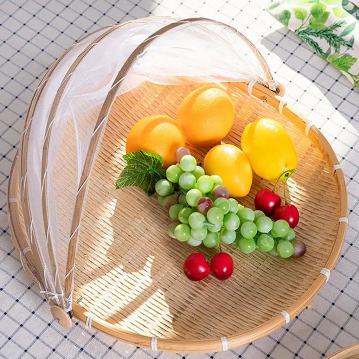 Skanto | Bambus-Flechtkorb mit Moskitonetz – Tragbarer Outdoor-Obst- und Gemüsetisch mit Netzabdeckung