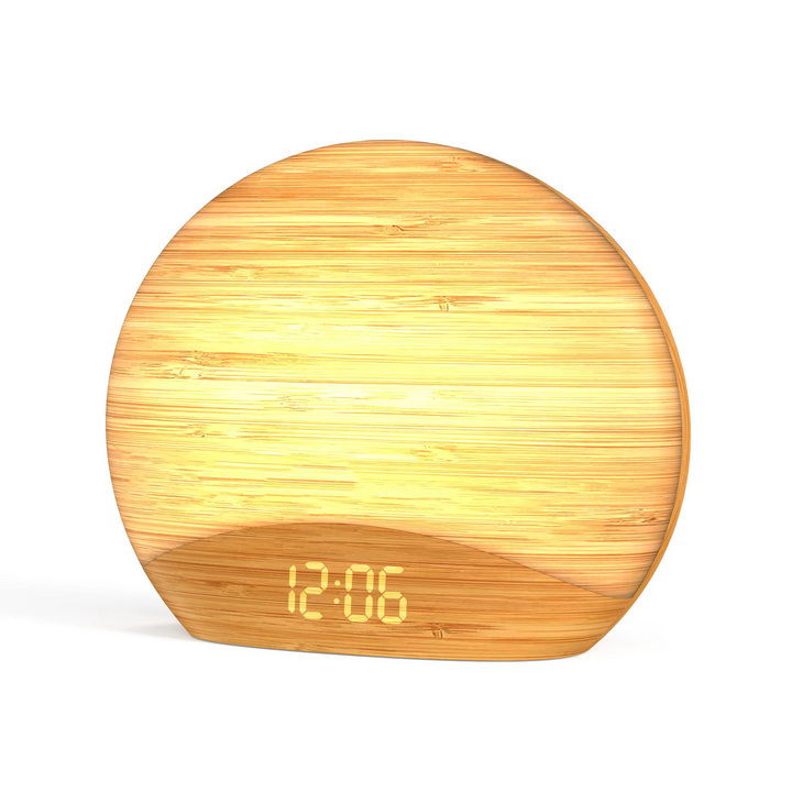 Skanto | Sonnenaufgangs-Wecklicht-Alarmwecker mit 8 Farben, 26 Schlafgeräuschen und Holzmaserung-Design