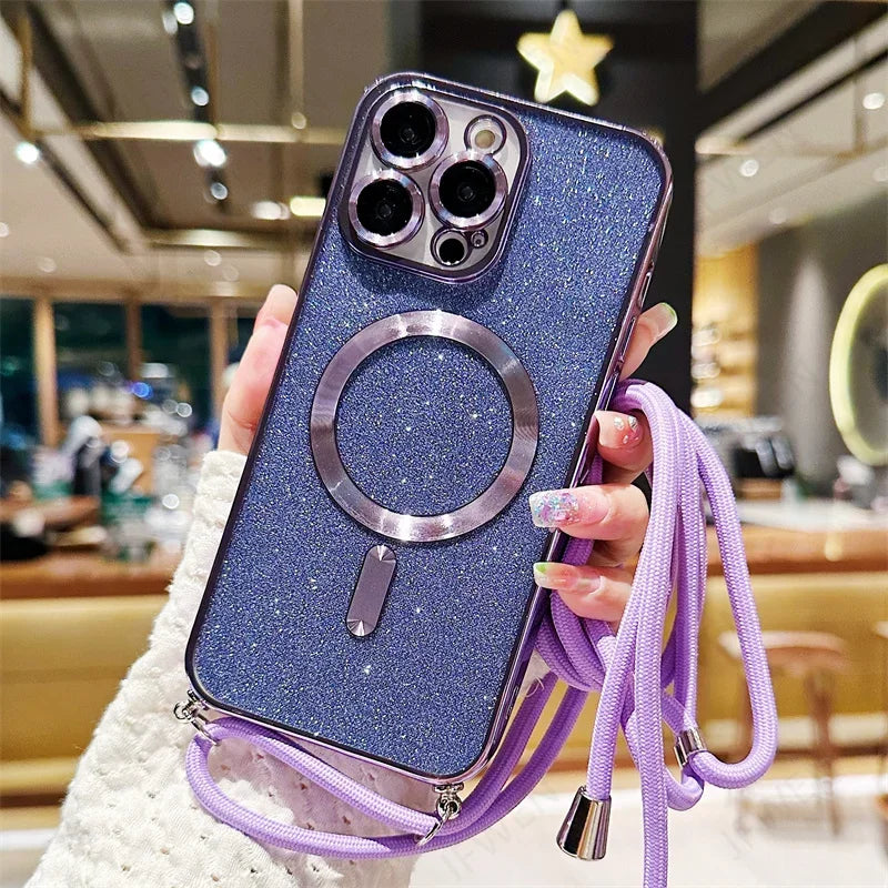 Luxuriöse MagSafe Glitter Crossbody Strap Hülle für iPhone 13 Galvanisierte kabellose Lade-TPU-Rückseite mit Lanyard