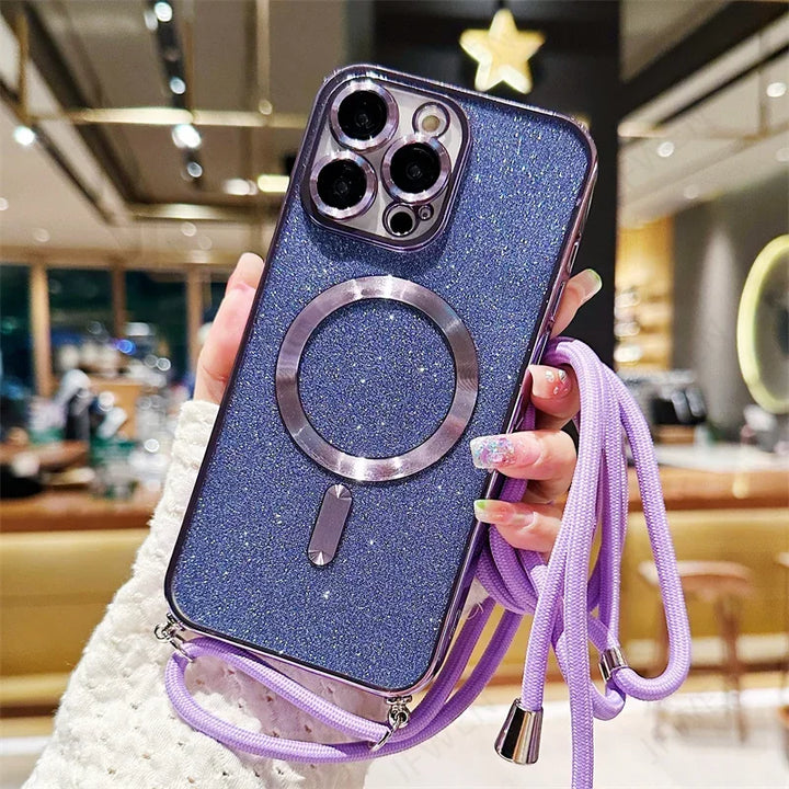 Luxuriöse MagSafe Glitter Crossbody Strap Hülle für iPhone 13 Galvanisierte kabellose Lade-TPU-Rückseite mit Lanyard