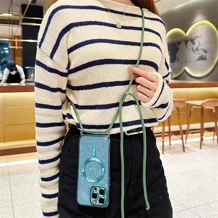 Luxuriöse MagSafe Glitter Crossbody Strap Hülle für iPhone 13 Galvanisierte kabellose Lade-TPU-Rückseite mit Lanyard
