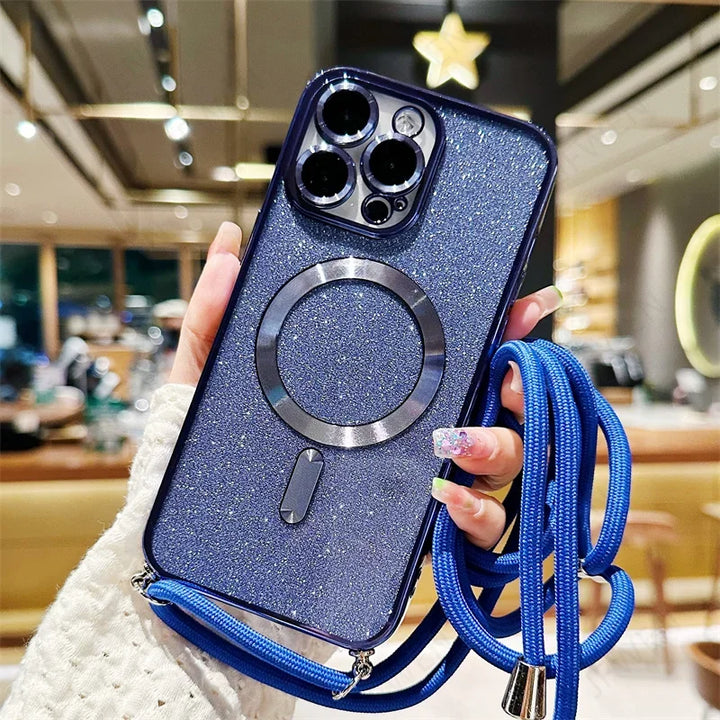 Luxuriöse MagSafe Glitter Crossbody Strap Hülle für iPhone 13 Galvanisierte kabellose Lade-TPU-Rückseite mit Lanyard