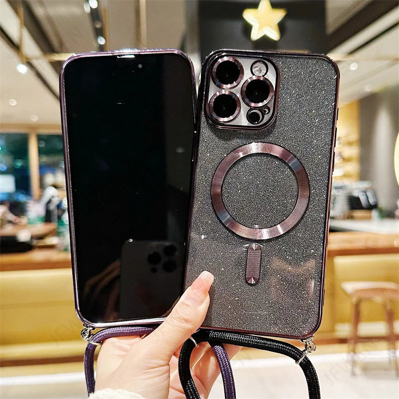 Luxuriöse MagSafe Glitter Crossbody Strap Hülle für iPhone 13 Galvanisierte kabellose Lade-TPU-Rückseite mit Lanyard