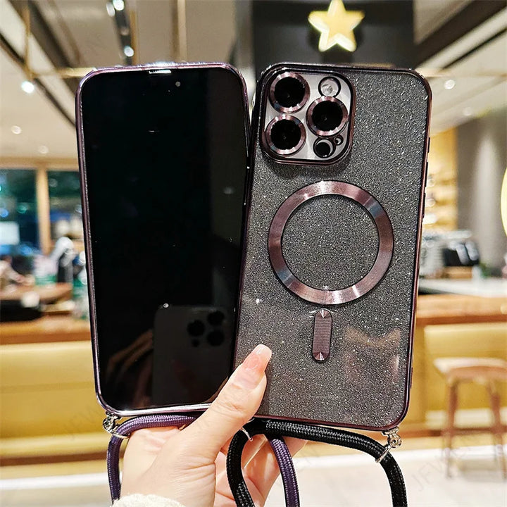 Luxuriöse MagSafe Glitter Crossbody Strap Hülle für iPhone 13 Galvanisierte kabellose Lade-TPU-Rückseite mit Lanyard