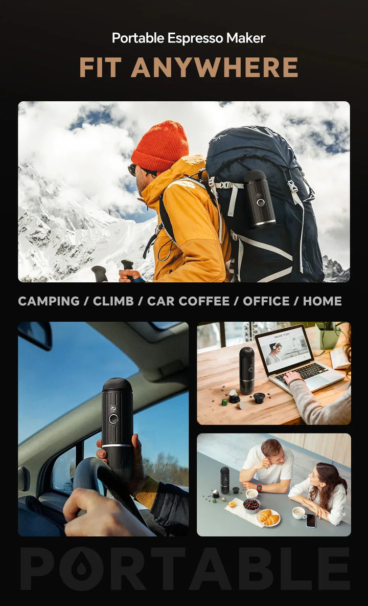 Skanto | Selbstmessende tragbare elektrische Espressomaschine mit USB-C Ladegerät – Kompatibel mit gemahlenem Kaffee & Nespresso Kapseln