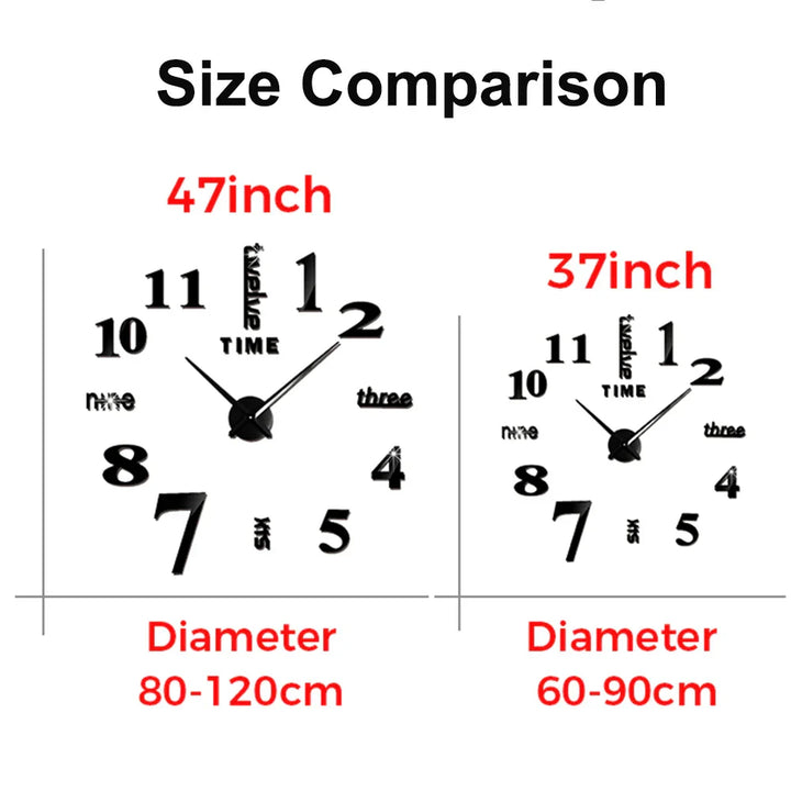 Große DIY 3D Spiegel Acryl Wanduhr für Küche, Esszimmer, Wohnzimmer | Skanto