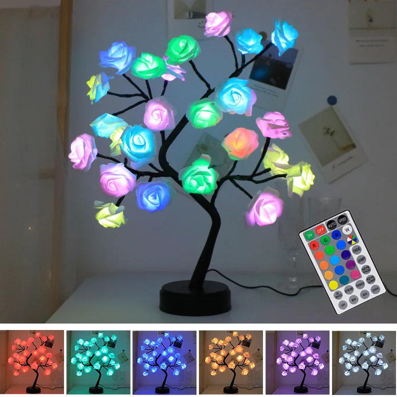 Skanto | RGB Rosenblütenbaum Lichter 24LED USB Batterie Tischlampe Feen Nachtlicht Home Party Weihnachten Hochzeit Schlafzimmer Dekoration Geschenk