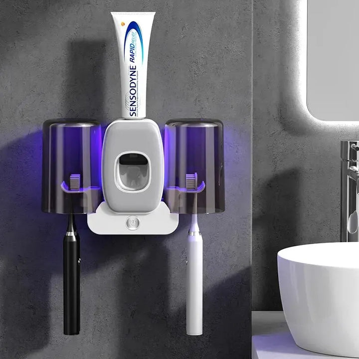 Skanto | Skanto PureBrush UV-Zahnbürstenhalter | UV-Licht-Sterilisation | Automatischer Zahnpastaspender | Bohrerfreie Wandmontage