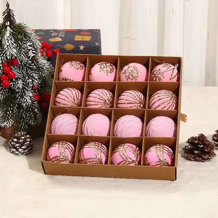 Beflockte Weihnachtsbaumkugeln – Bordeauxrote und dunkelgrüne Kugeln für die Feiertagsdekoration, Rosa Weihnachtsbaumkugel-Anhänger 16 Stk. 6cm (2.3 inches)