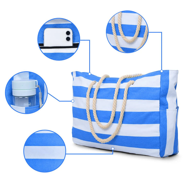 Skanto | Marivalis Gestreifte Strandtasche mit Reißverschluss | Faltbar & Wasserdicht | Sandabweisendes Canvas | Für Reise & Urlaub