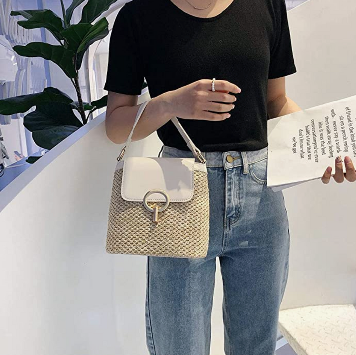 Skanto | Eva Stroh Chic Tasche – Leichte Sommertragetasche mit Schultergurt