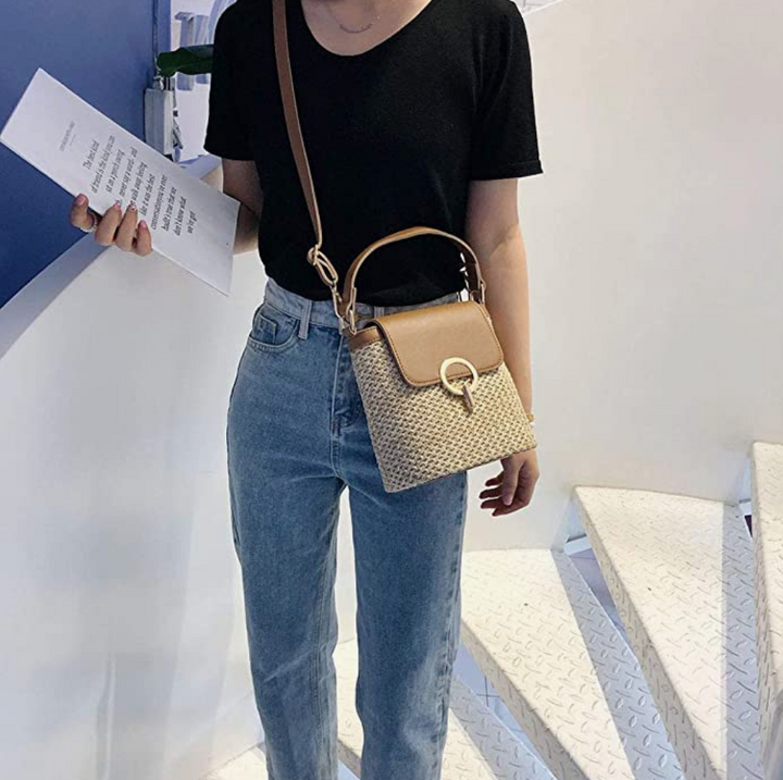 Skanto | Eva Stroh Chic Tasche – Leichte Sommertragetasche mit Schultergurt