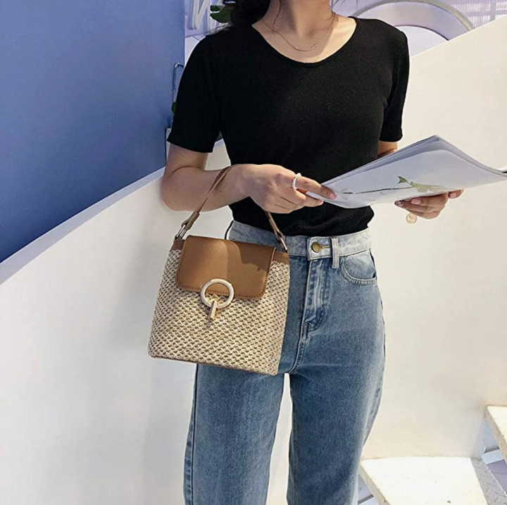 Skanto | Eva Stroh Chic Tasche – Leichte Sommertragetasche mit Schultergurt
