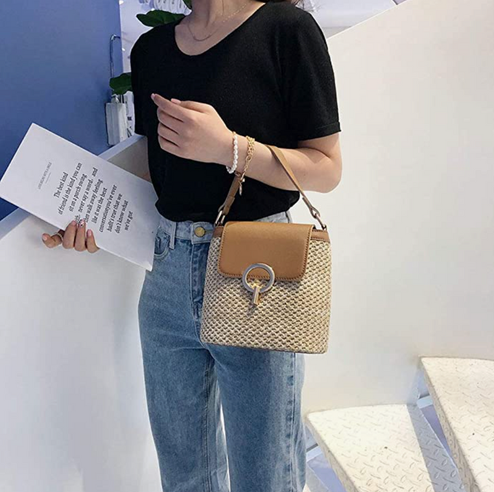 Skanto | Eva Stroh Chic Tasche – Leichte Sommertragetasche mit Schultergurt