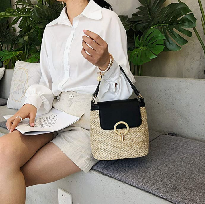 Skanto | Eva Stroh Chic Tasche – Leichte Sommertragetasche mit Schultergurt