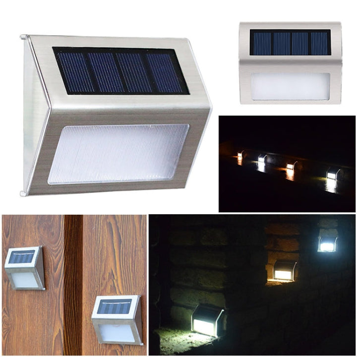 Skanto | 2er-Set Solar-Edelstahl-Treppenleuchte mit 3 LEDs für den Außenbereich, Gartenzaunleuchte (Weißes Licht)