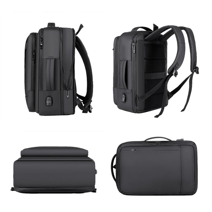 Skanto | Erweiterbarer wasserdichter Laptop-Rucksack für die Arbeit mit USB-Anschluss (Schwarz)