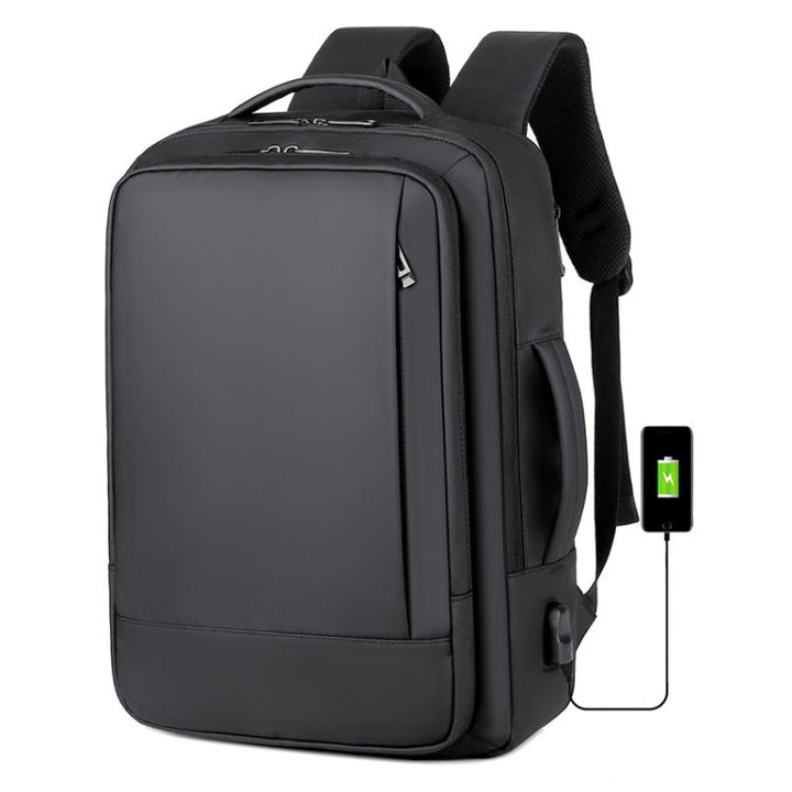 Skanto | Erweiterbarer wasserdichter Laptop-Rucksack für die Arbeit mit USB-Anschluss (Schwarz)