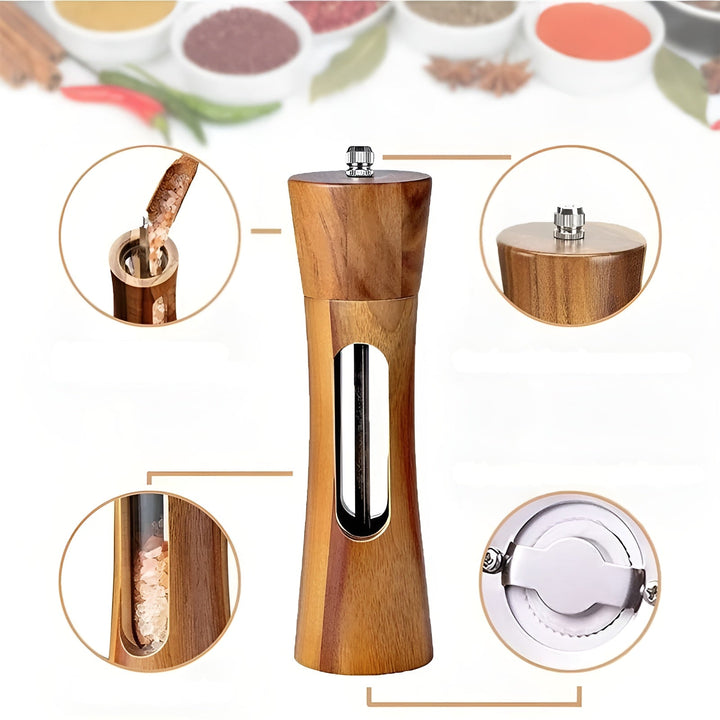 Skanto | SpiceCraft Manuelles Salz- und Pfeffermühlen-Set – Holzdesign mit Acrylfenster Einstellbare Mahlgrade